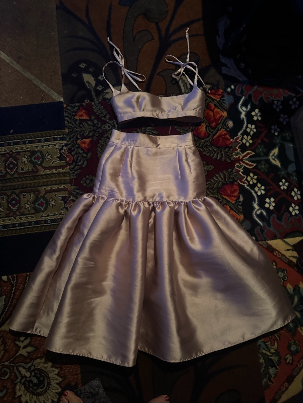 Womens Drop Waist Full Cocktail Skirt With Bralette in Nude Satin Twill 6